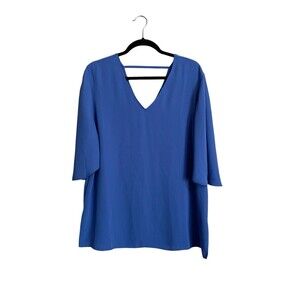 Chico’s Size 2 Large Blue Split Sleeve V Neck Blouse Back Strap